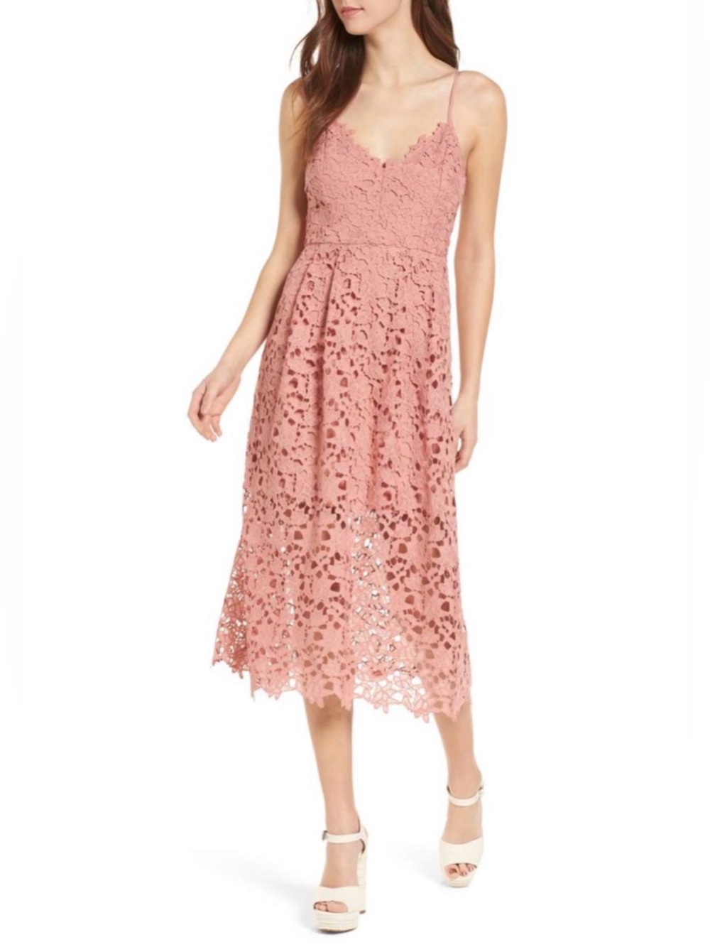 ASTR Rose Dusty Pink Lace Spring Wedding Guest Midi Dress Double Lining Size M
